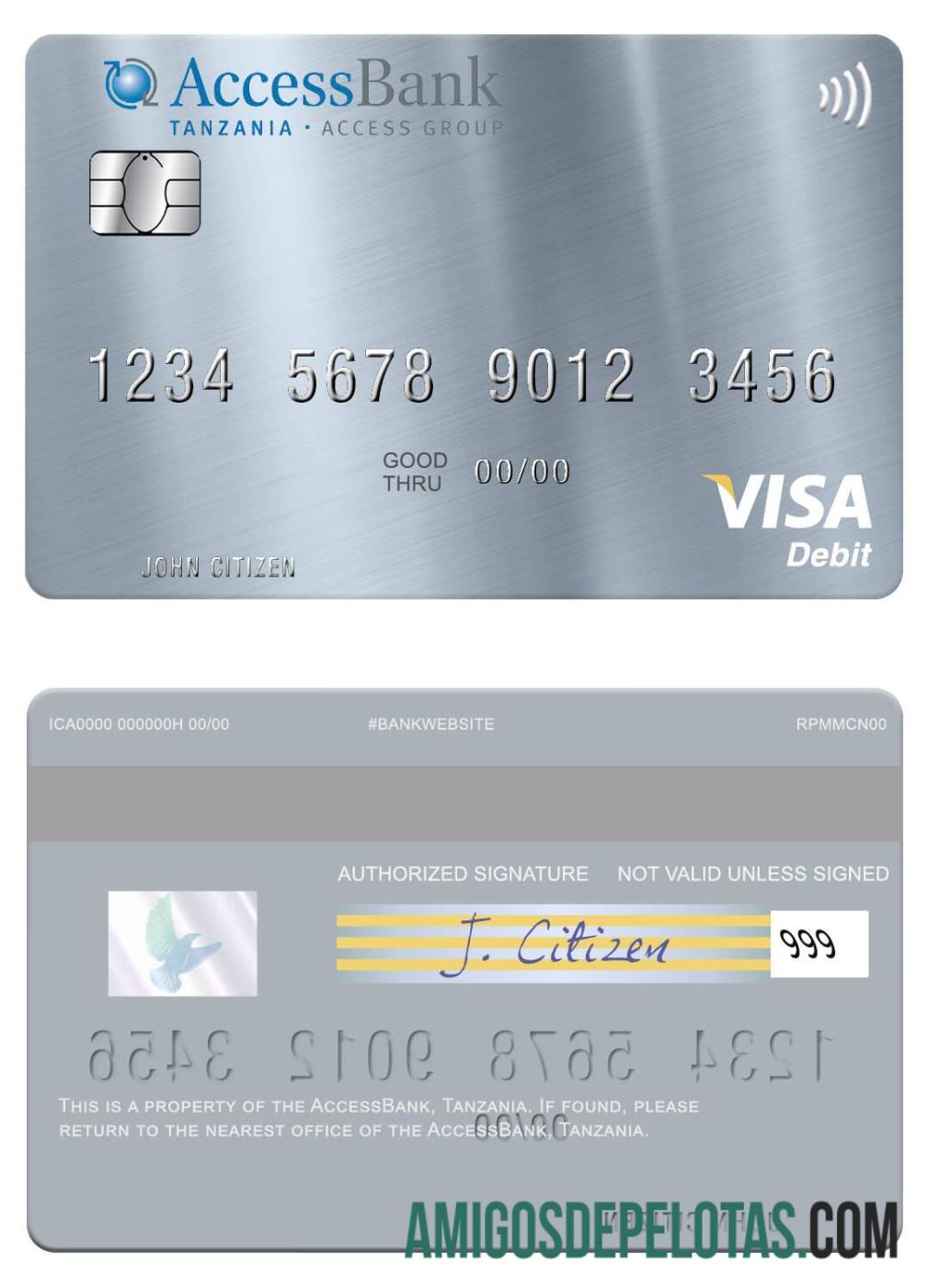 Cartão de débito Visa AccessBank da Tanzânia amostra